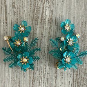 Unique & Magnificent Coro Vintage Clip On Earrings Blue Flowers AB Rhinestones